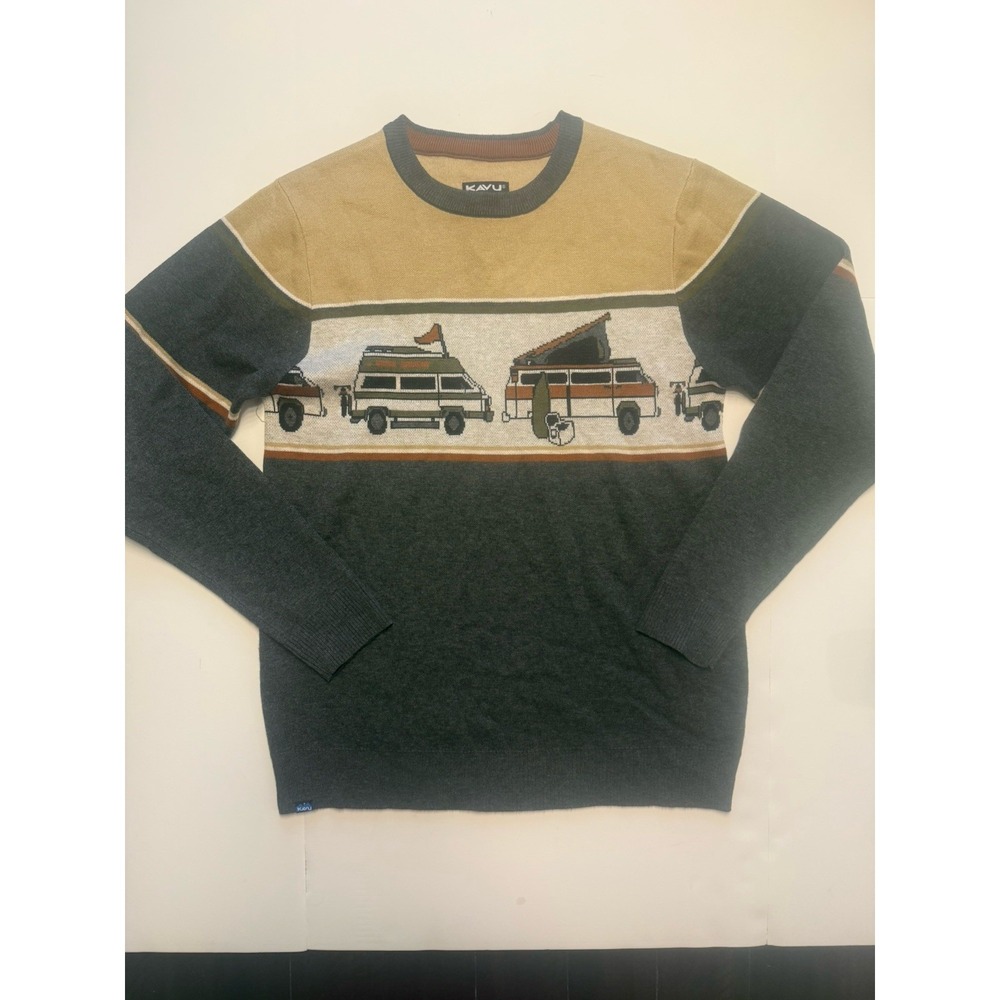 KAVU Sweater Mens S Gray Tan Colorblock Retro Camper Van Life Outdoor Camping